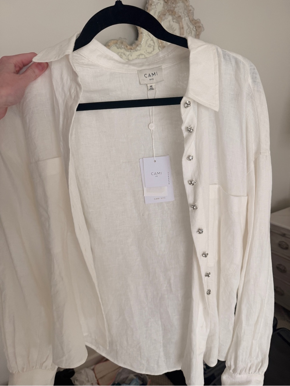 Cami NYC White Linen Shirt with Decorative Buttons
